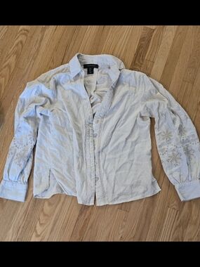 Tahari Off-White/Cream Button-Down Shirt with Eyelet Sleeve Detail